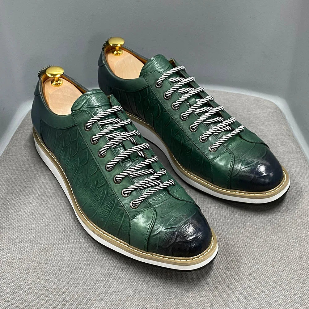 Chaussures casual homme style européen — En cuir véritable de vachette — Vert ou noir — Design luxueux à imprimé crocodile — Chaussures plates streetwear🚚 Livraison rapide en 8 à 12 jours ouvrés depuis la Fra FelizShop