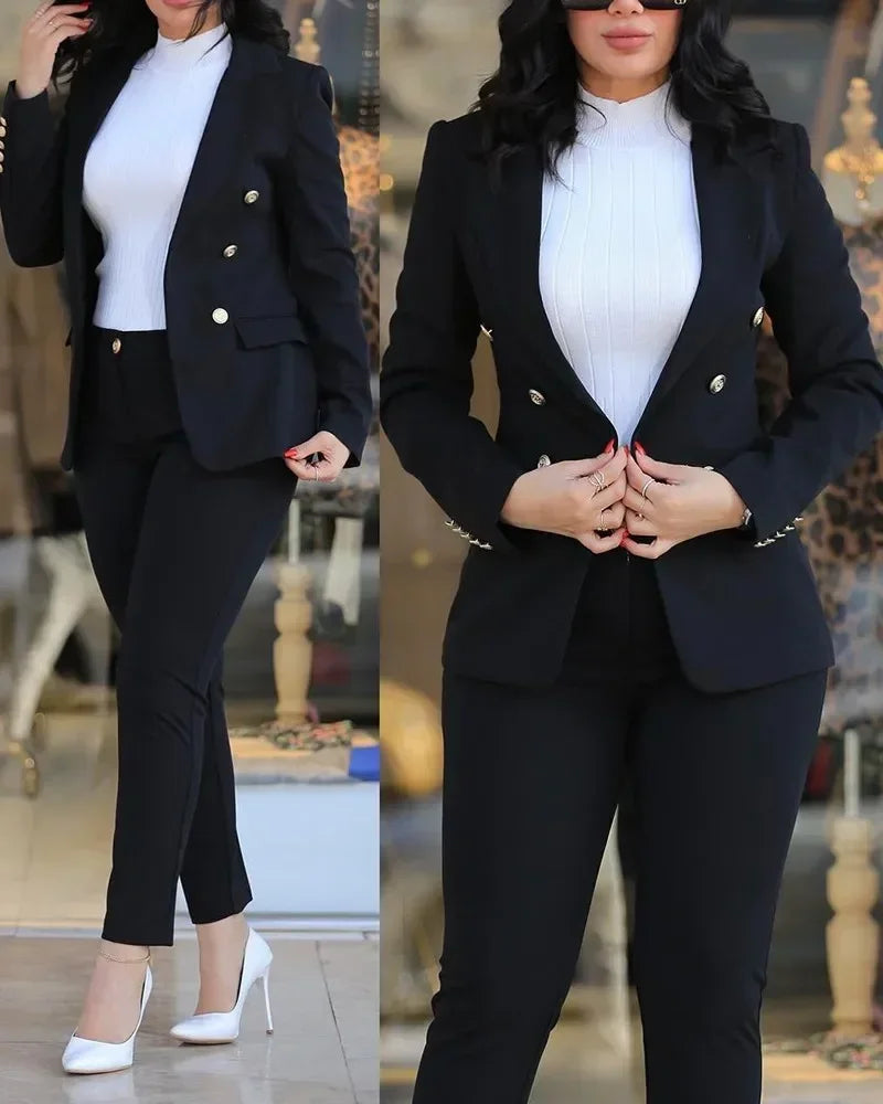 Women Two Piece Sets Pant Suits Turn Down Collar Blazer Coats Straight Long Pants Suits Slim Fit Casual Autumn Elegant Work FelizShop