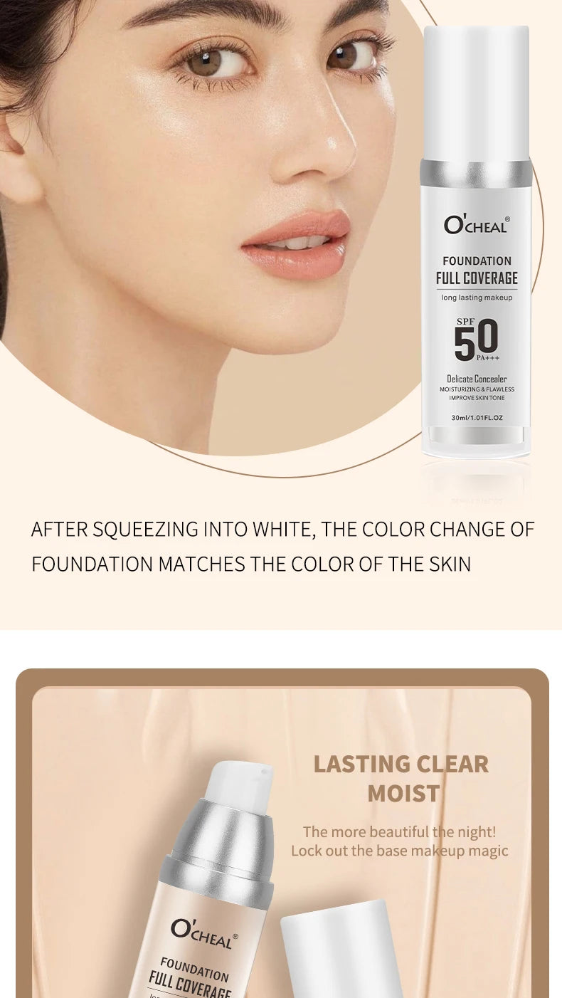 Fond de Teint Liquide O’CHEAL SPF 50 PA+++ – Haute Couvrance & Hydratation | Teint Lumineux & Unifié Longue Tenue🚚 Livraison rapide 5 à 9 jours ouvrés FelizShop
