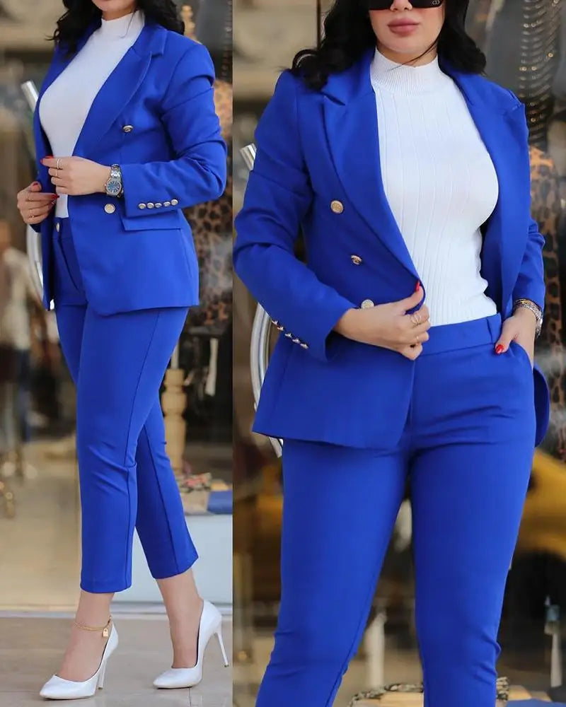 Women Two Piece Sets Pant Suits Turn Down Collar Blazer Coats Straight Long Pants Suits Slim Fit Casual Autumn Elegant Work FelizShop