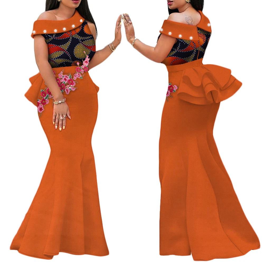 Robe Africaine Femme – Longue Robe Wax Élégante avec Perles FelizShop