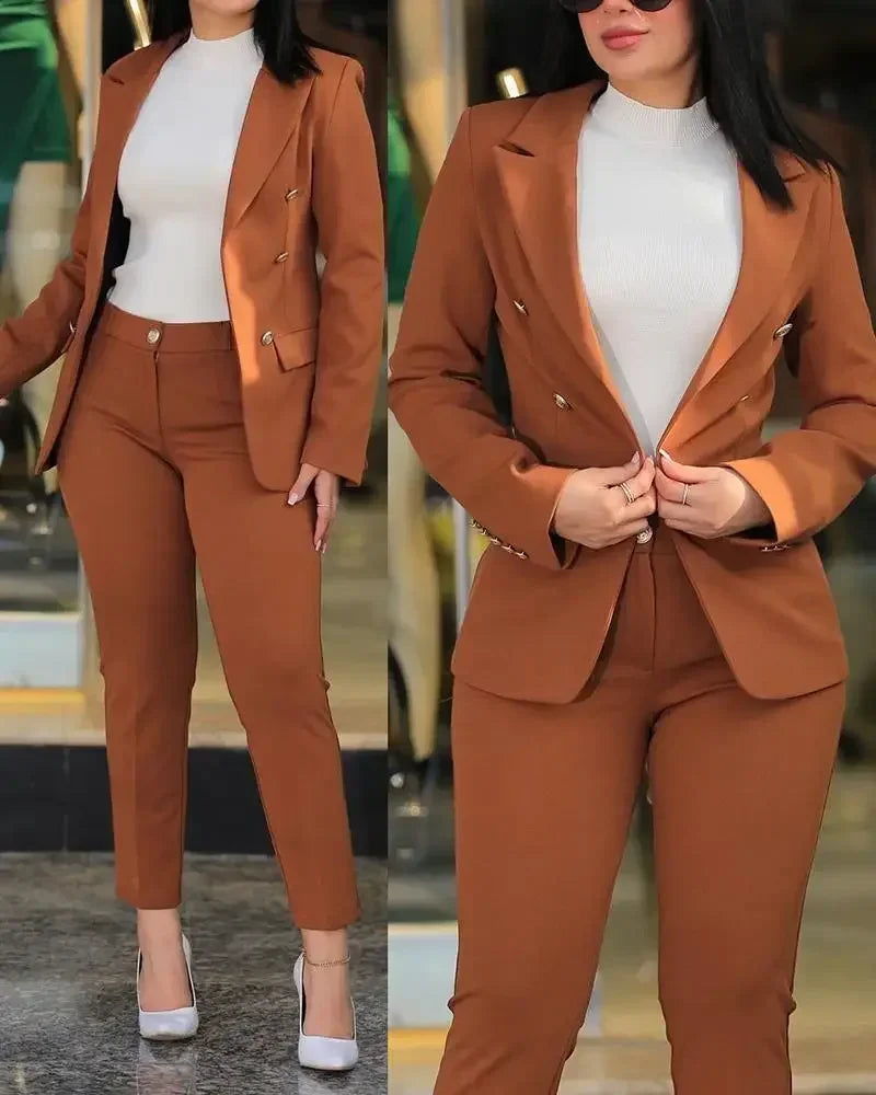 Women Two Piece Sets Pant Suits Turn Down Collar Blazer Coats Straight Long Pants Suits Slim Fit Casual Autumn Elegant Work FelizShop