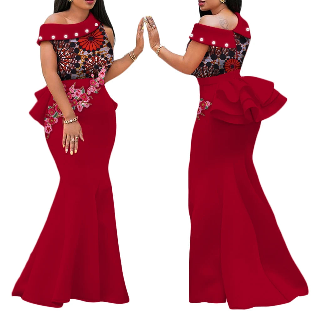 Robe Africaine Femme – Longue Robe Wax Élégante avec Perles FelizShop
