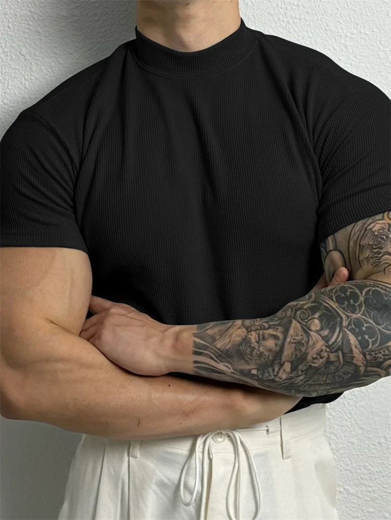 T-shirt homme printemps-été — Petit col montant, rayé — Manches courtes — Haut fitness décontracté — T-shirt sport pour homme — Sportswear🚚 Livraison rapide en 8 à 12 jours ouvrés depuis la France FelizShop