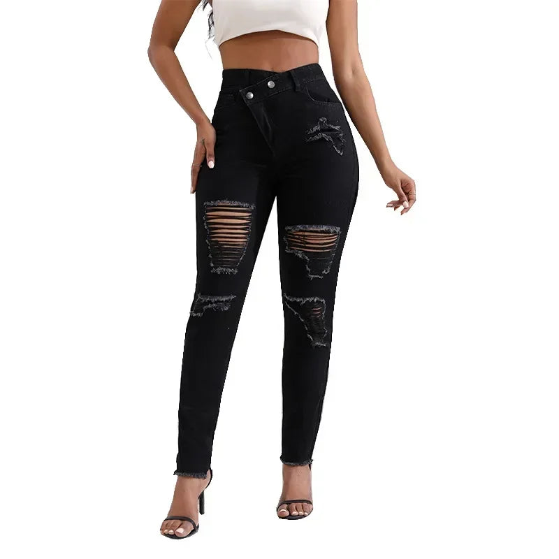 Women Jeans Denim pant High Waist Pencil Pants Holes Slim Fit Pockets Sexy Streetwear Solid Sheath Distressed Ankle Length 2025 FelizShop