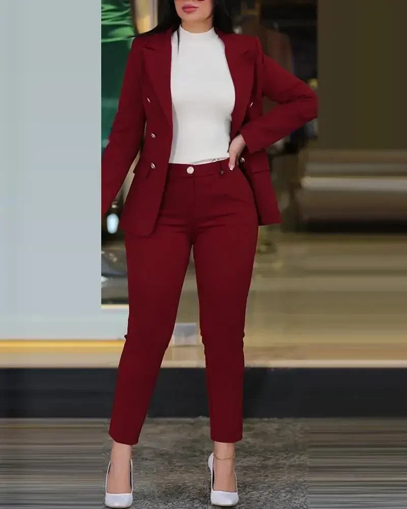 Women Two Piece Sets Pant Suits Turn Down Collar Blazer Coats Straight Long Pants Suits Slim Fit Casual Autumn Elegant Work FelizShop