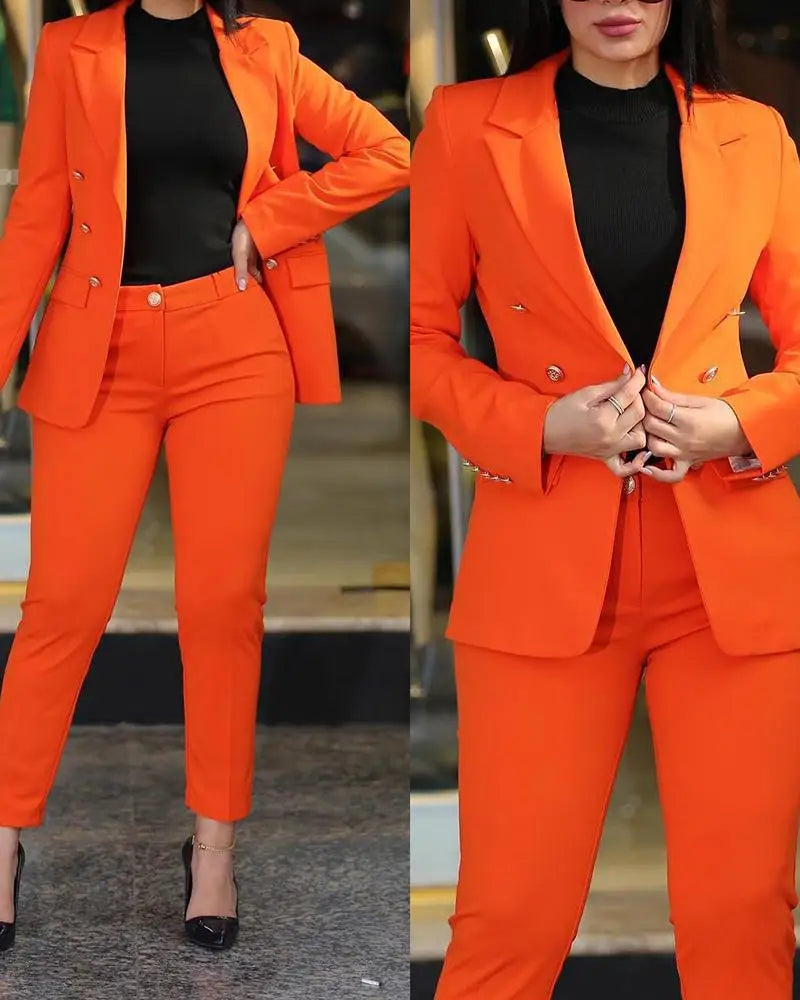Women Two Piece Sets Pant Suits Turn Down Collar Blazer Coats Straight Long Pants Suits Slim Fit Casual Autumn Elegant Work FelizShop