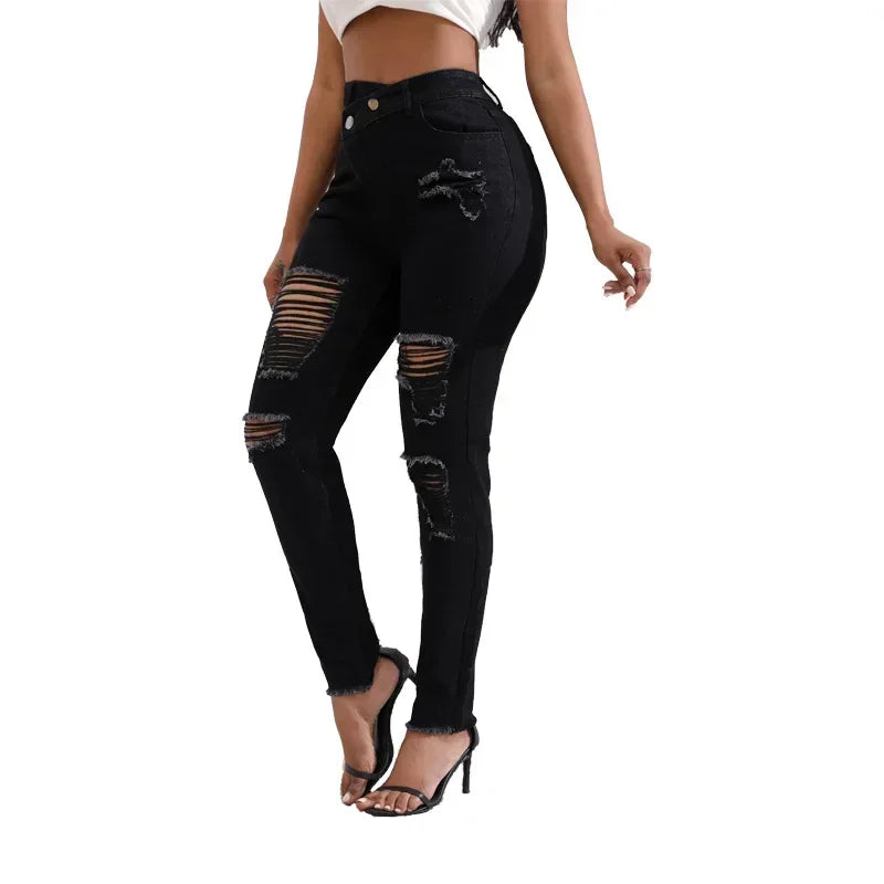 Women Jeans Denim pant High Waist Pencil Pants Holes Slim Fit Pockets Sexy Streetwear Solid Sheath Distressed Ankle Length 2025 FelizShop