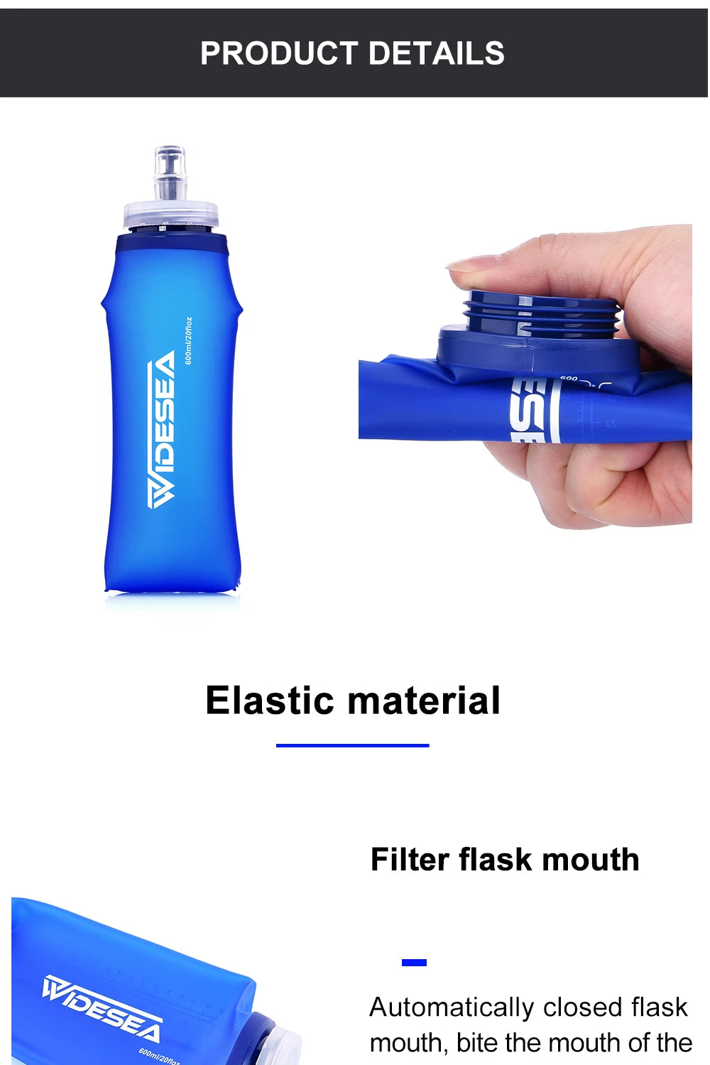 Widesea Gourde souple de camping 600 ml — Bouteille pliable pour sport et randonnée — Hydratation portable sans BPA, idéale pour vélo, course et taille
🚚 Livraison rapide en 8 à 12 jours ouvrés depuis la France FelizShop