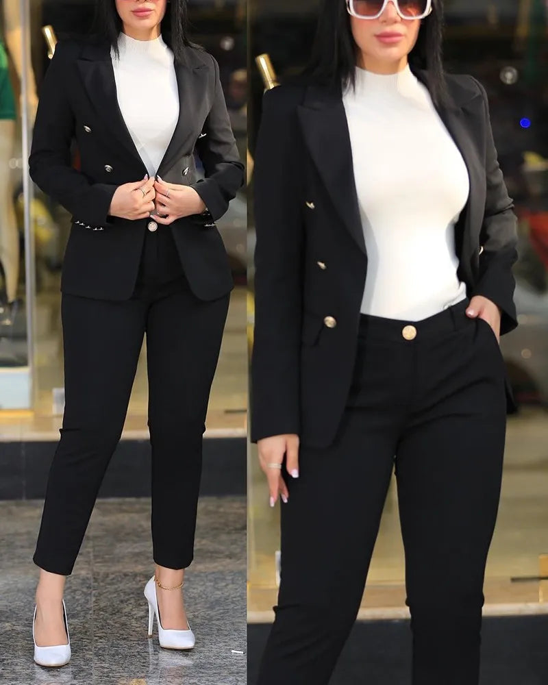 Women Two Piece Sets Pant Suits Turn Down Collar Blazer Coats Straight Long Pants Suits Slim Fit Casual Autumn Elegant Work FelizShop
