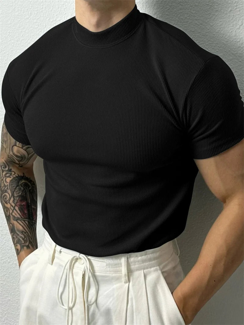 T-shirt homme printemps-été — Petit col montant, rayé — Manches courtes — Haut fitness décontracté — T-shirt sport pour homme — Sportswear🚚 Livraison rapide en 8 à 12 jours ouvrés depuis la France FelizShop