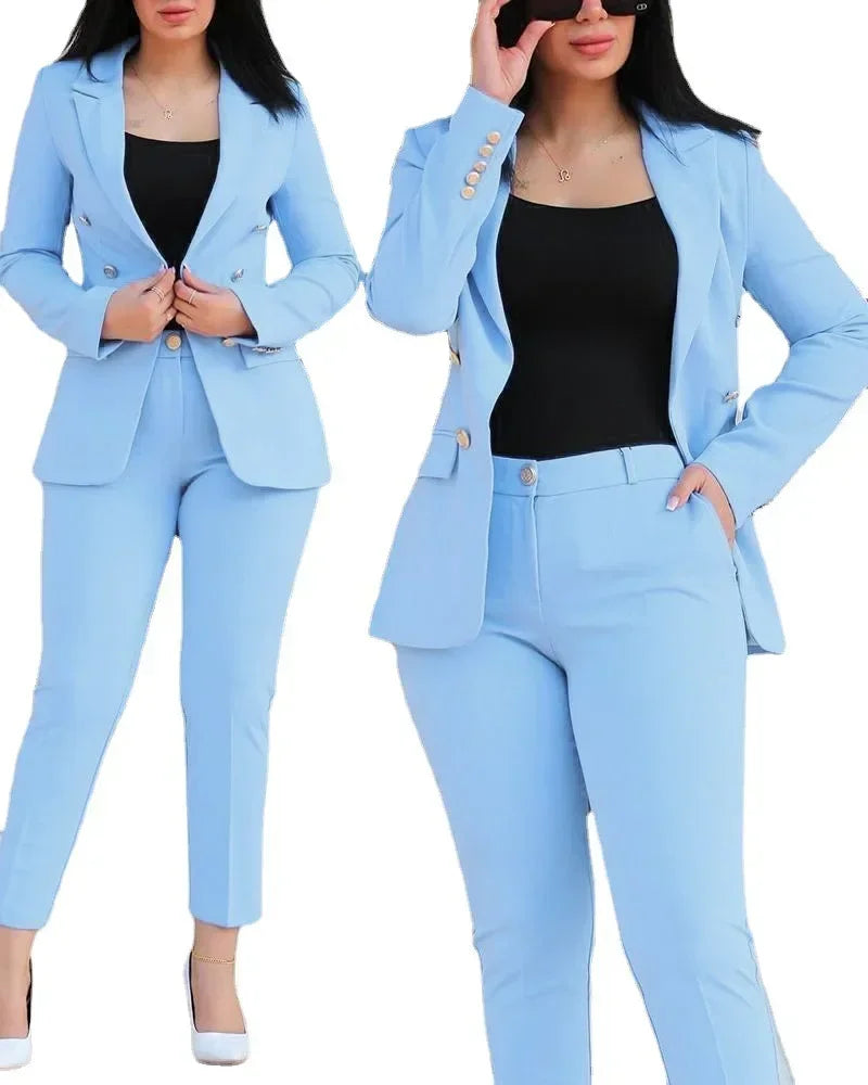 Women Two Piece Sets Pant Suits Turn Down Collar Blazer Coats Straight Long Pants Suits Slim Fit Casual Autumn Elegant Work FelizShop
