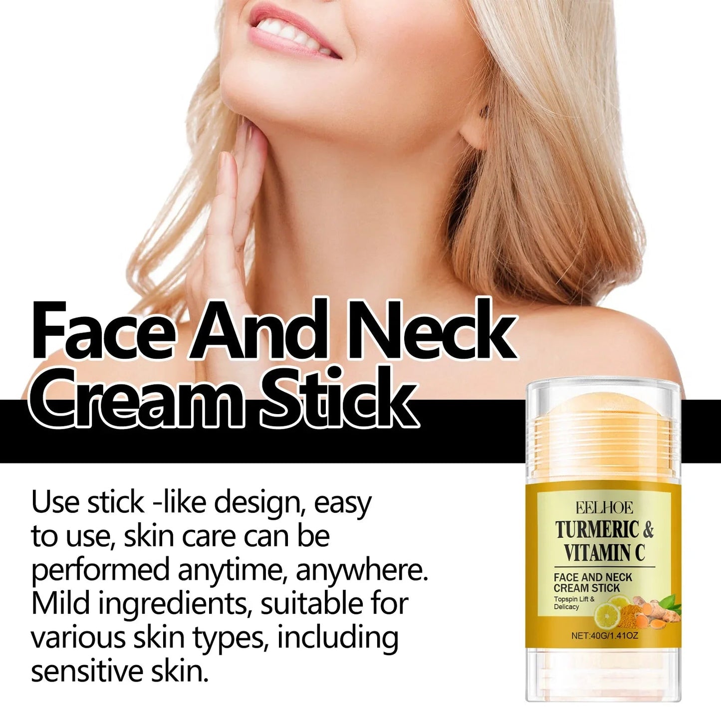 Stick Crème Visage & Cou au Curcuma – Raffermissant, Éclaircissant & Hydratant | Anti-Rides & Anti-Lignes du Cou🚚 Livraison rapide FelizShop