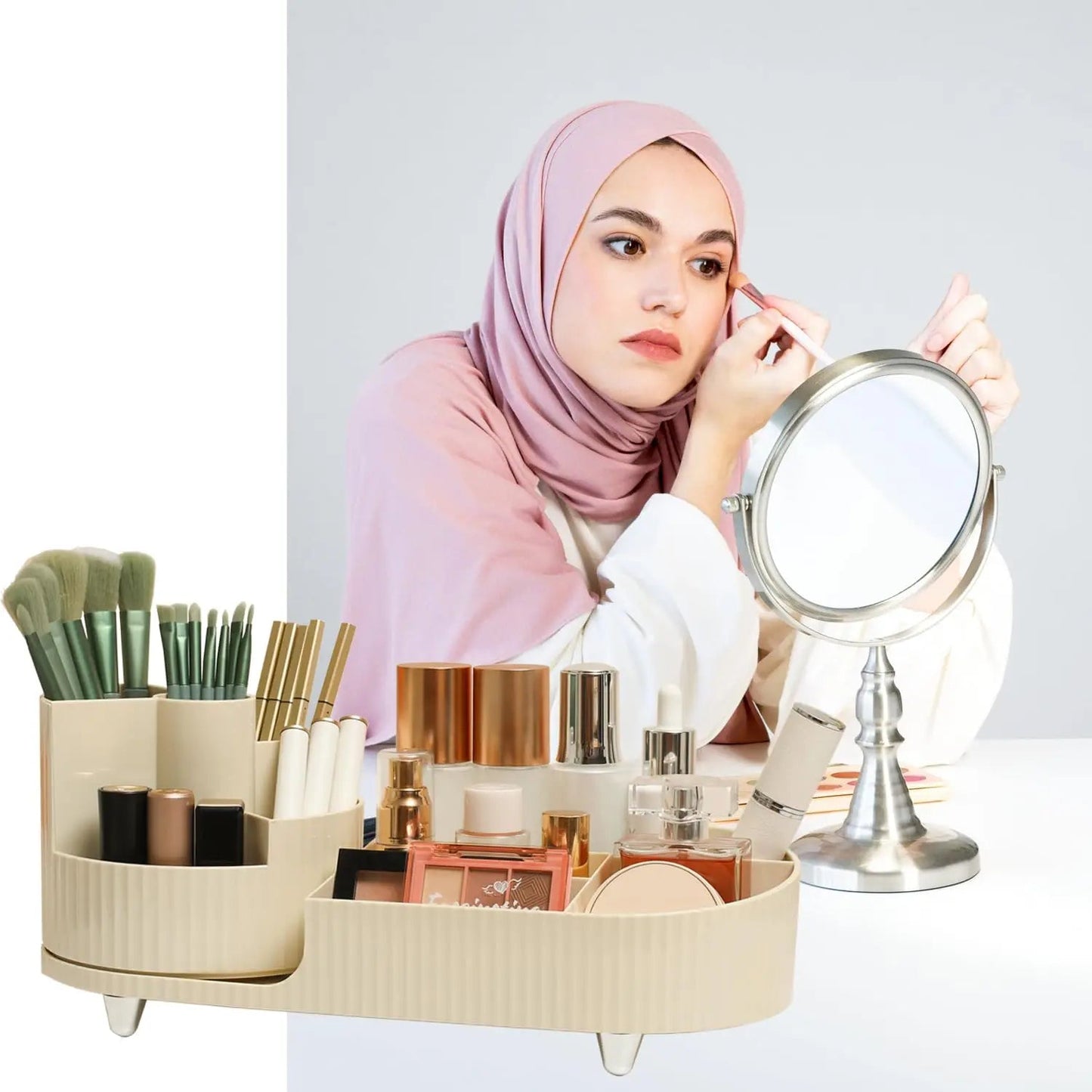 Organisateur de Maquillage Rotatif – Grande Capacité & Support Pinceaux – Rangement Élégant pour Coiffeuse🚚 Livraison rapide en 8 à 12 jours ouvrés depuis la France FelizShop