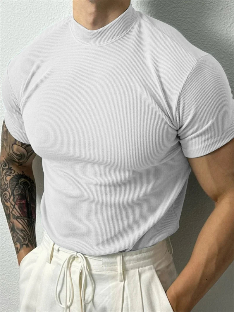 T-shirt homme printemps-été — Petit col montant, rayé — Manches courtes — Haut fitness décontracté — T-shirt sport pour homme — Sportswear🚚 Livraison rapide en 8 à 12 jours ouvrés depuis la France FelizShop
