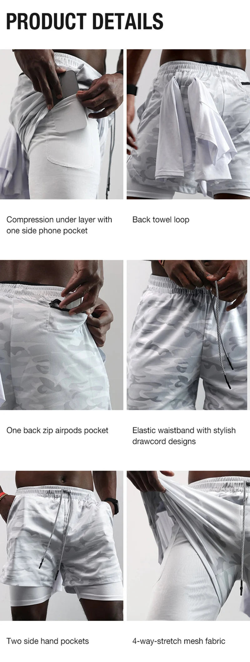 Shorts de compression homme avec poche téléphone — Sports, boucle serviette, entraînement gym — Imprimé été 2 en 1🚚 Livraison rapide en 8 à 12 jours ouvrés depuis la France FelizShop
