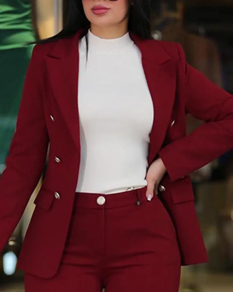 Women Two Piece Sets Pant Suits Turn Down Collar Blazer Coats Straight Long Pants Suits Slim Fit Casual Autumn Elegant Work FelizShop