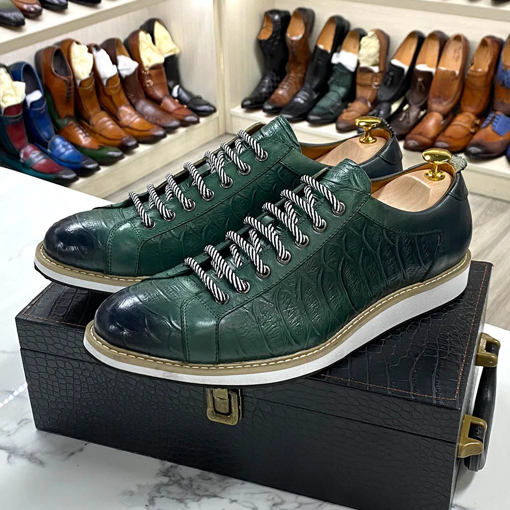 Chaussures casual homme style européen — En cuir véritable de vachette — Vert ou noir — Design luxueux à imprimé crocodile — Chaussures plates streetwear🚚 Livraison rapide en 8 à 12 jours ouvrés depuis la Fra FelizShop