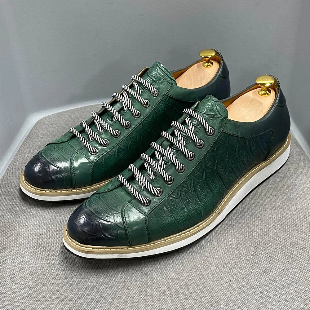 Chaussures casual homme style européen — En cuir véritable de vachette — Vert ou noir — Design luxueux à imprimé crocodile — Chaussures plates streetwear🚚 Livraison rapide en 8 à 12 jours ouvrés depuis la Fra FelizShop