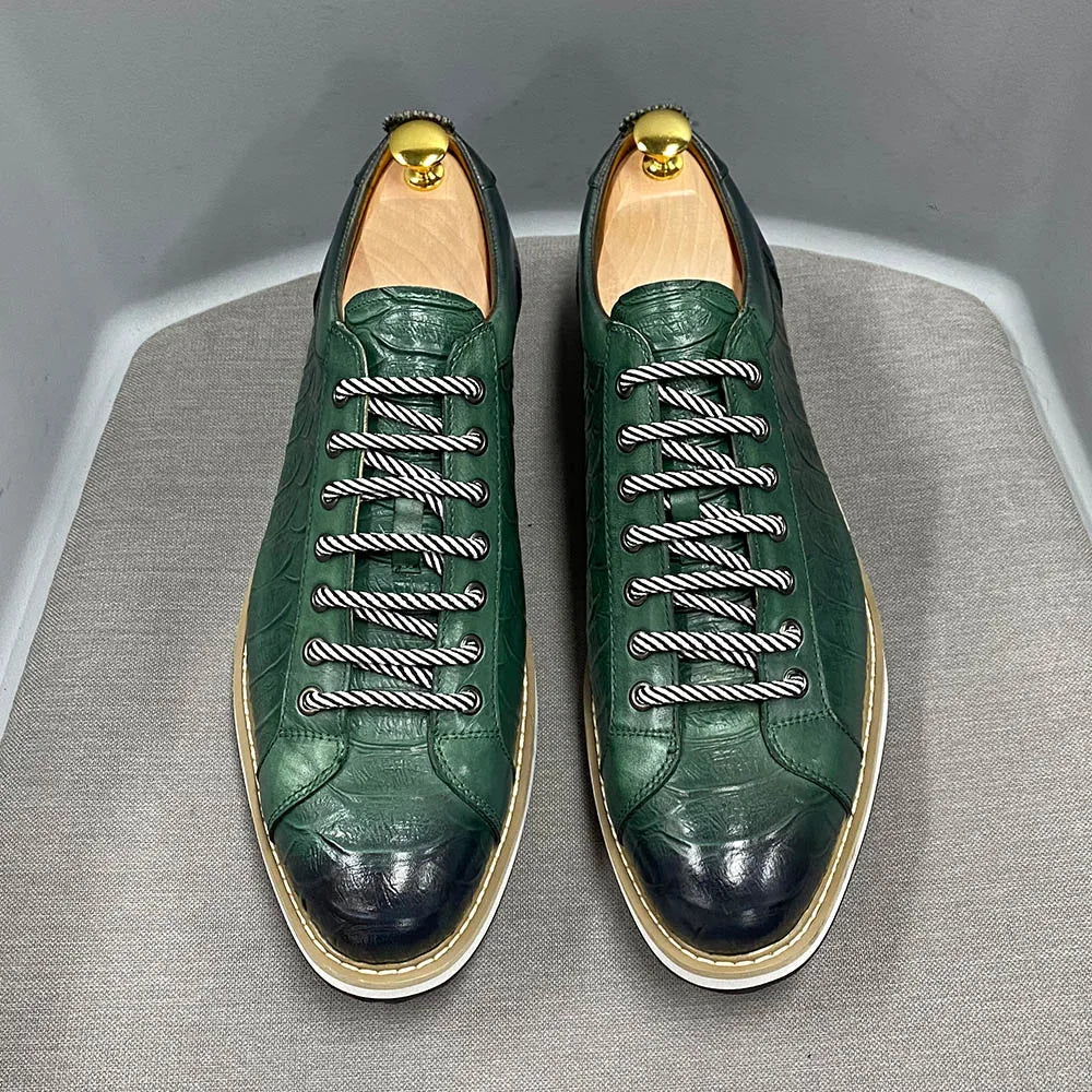 Chaussures casual homme style européen — En cuir véritable de vachette — Vert ou noir — Design luxueux à imprimé crocodile — Chaussures plates streetwear🚚 Livraison rapide en 8 à 12 jours ouvrés depuis la Fra FelizShop
