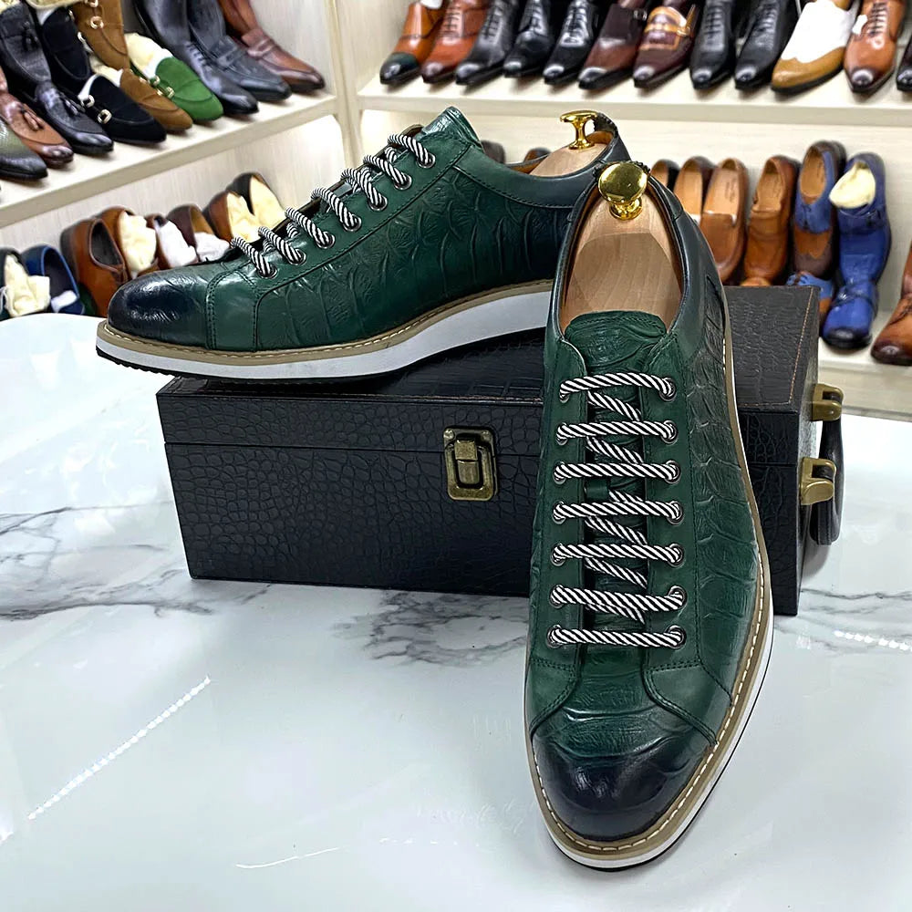 Chaussures casual homme style européen — En cuir véritable de vachette — Vert ou noir — Design luxueux à imprimé crocodile — Chaussures plates streetwear🚚 Livraison rapide en 8 à 12 jours ouvrés depuis la Fra FelizShop