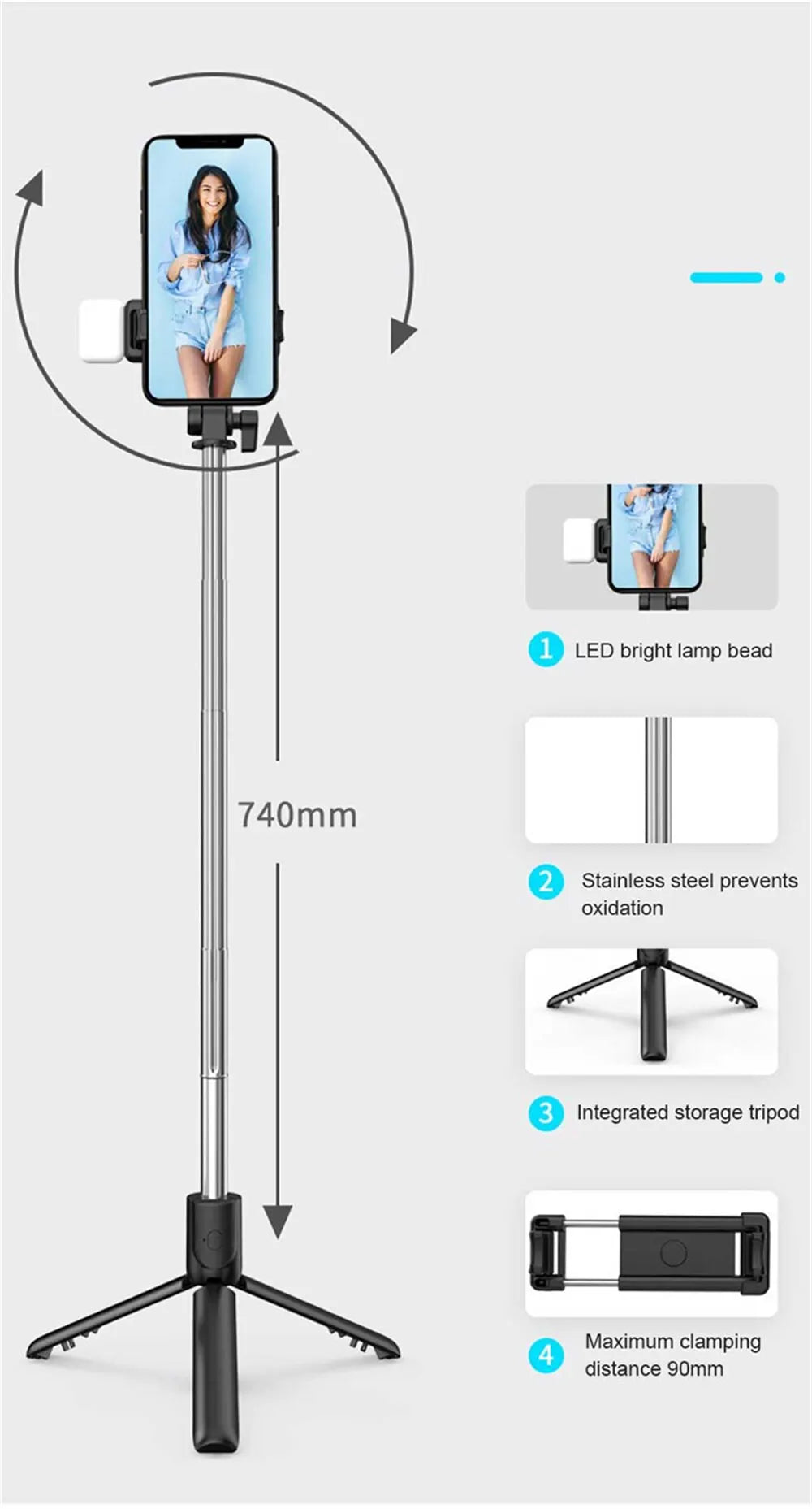 Perche à Selfie Bluetooth Portable avec Trépied – Télécommande Sans Fil, Lumière d’Appoint, Support Téléphone Rétractable et Extensible 🚚 Livraison rapide en 8 à 12 jours ouvrés depuis la France ou nos entrep FelizShop