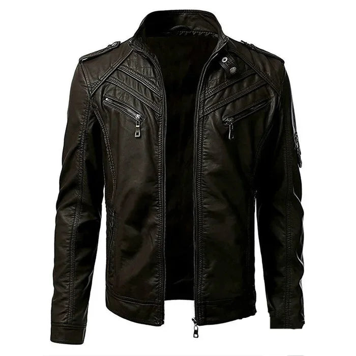 Men's Black Faux Leather Biker Jacket - Slim Fit Vintage Style Motorcycle PU Leather Jacket FelizShop