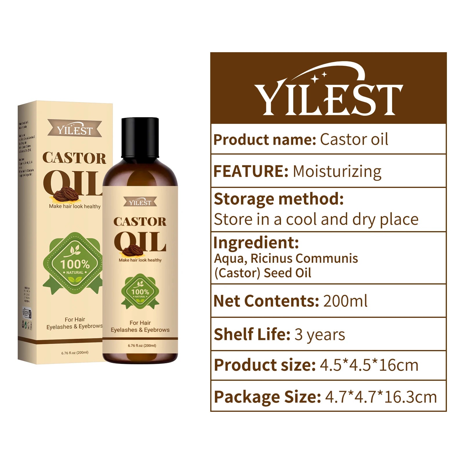 Huile de Ricin Naturelle YILEST 200ml – Soin Multi-Usages pour Cheveux, Cils, Sourcils & Peau🚚 Livraison rapide en 8 à 12 jours ouvrés depuis la France FelizShop