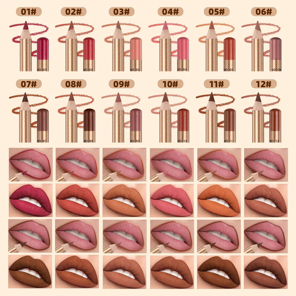 Set 12 Crayons à Lèvres Mat – Waterproof & Longue Tenue | Lip Liner Non-Transfert pour Contour Précis & Maquillage Parfait🚚 Livraison rapide FelizShop