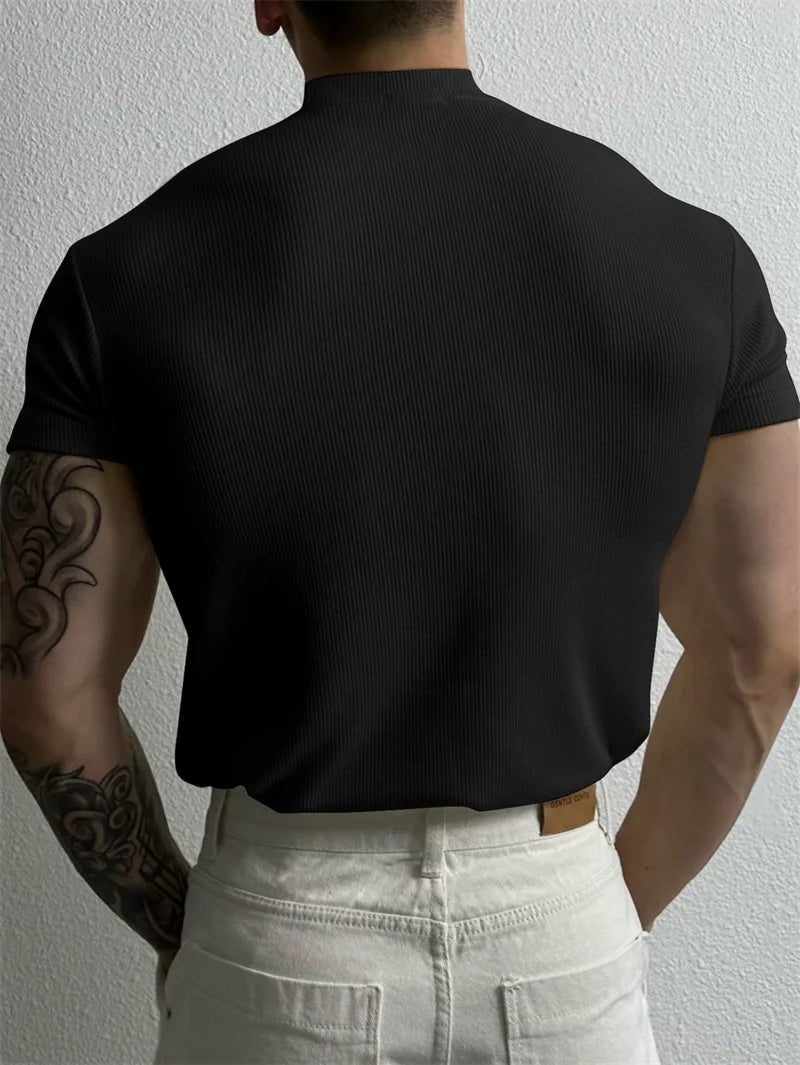 T-shirt homme printemps-été — Petit col montant, rayé — Manches courtes — Haut fitness décontracté — T-shirt sport pour homme — Sportswear🚚 Livraison rapide en 8 à 12 jours ouvrés depuis la France FelizShop