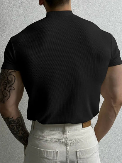 T-shirt homme printemps-été — Petit col montant, rayé — Manches courtes — Haut fitness décontracté — T-shirt sport pour homme — Sportswear🚚 Livraison rapide en 8 à 12 jours ouvrés depuis la France FelizShop