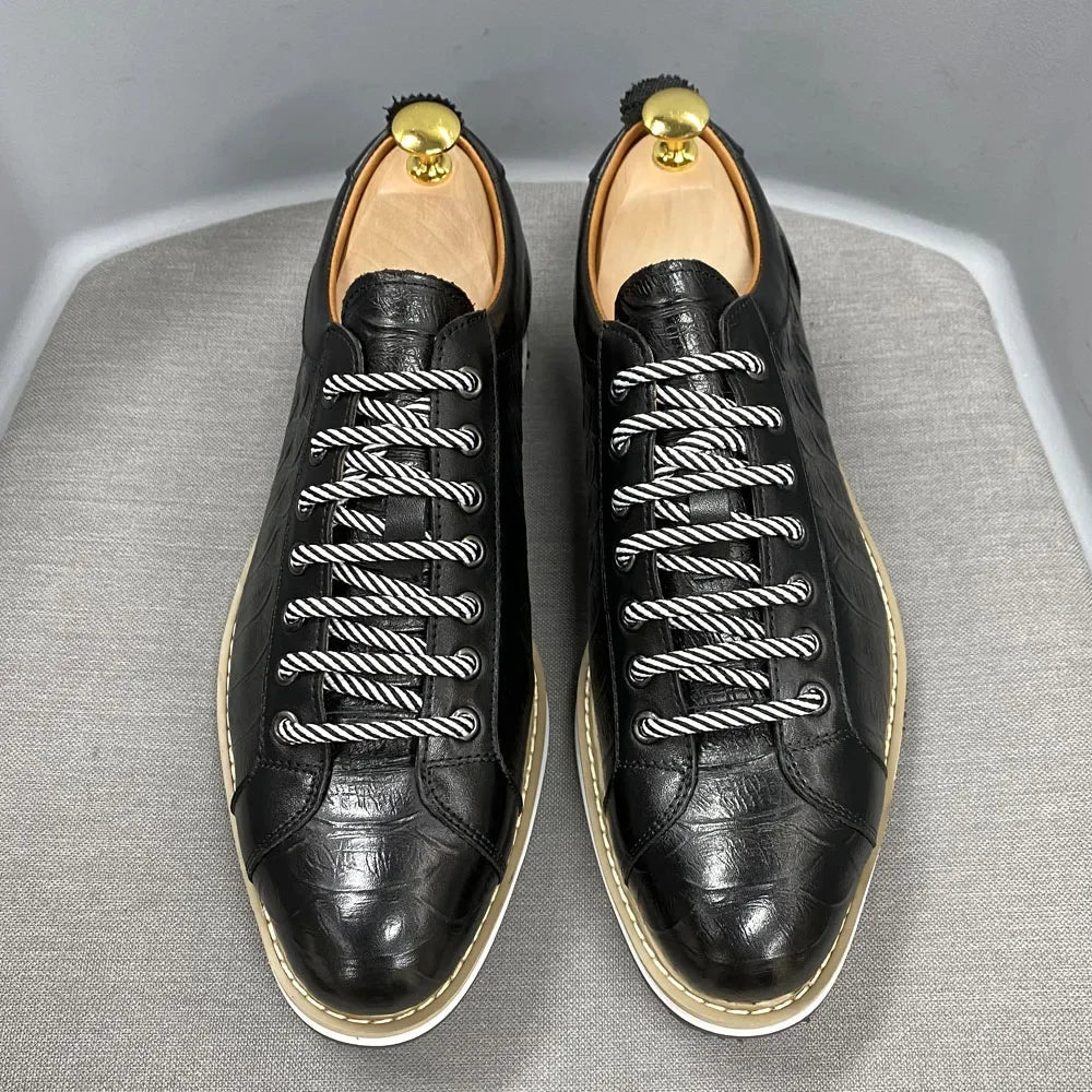 Chaussures casual homme style européen — En cuir véritable de vachette — Vert ou noir — Design luxueux à imprimé crocodile — Chaussures plates streetwear🚚 Livraison rapide en 8 à 12 jours ouvrés depuis la Fra FelizShop