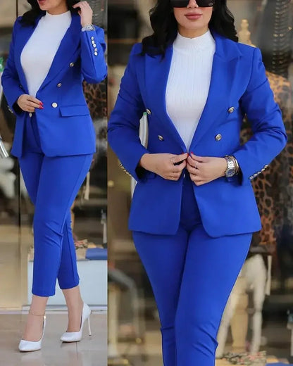 Women Two Piece Sets Pant Suits Turn Down Collar Blazer Coats Straight Long Pants Suits Slim Fit Casual Autumn Elegant Work FelizShop