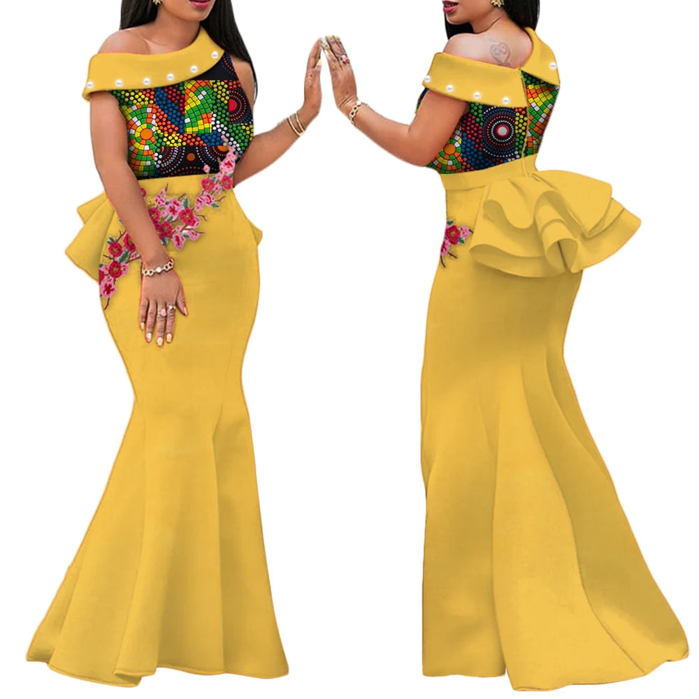 Robe Africaine Femme – Longue Robe Wax Élégante avec Perles FelizShop