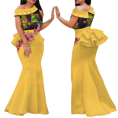 Robe Africaine Femme – Longue Robe Wax Élégante avec Perles FelizShop