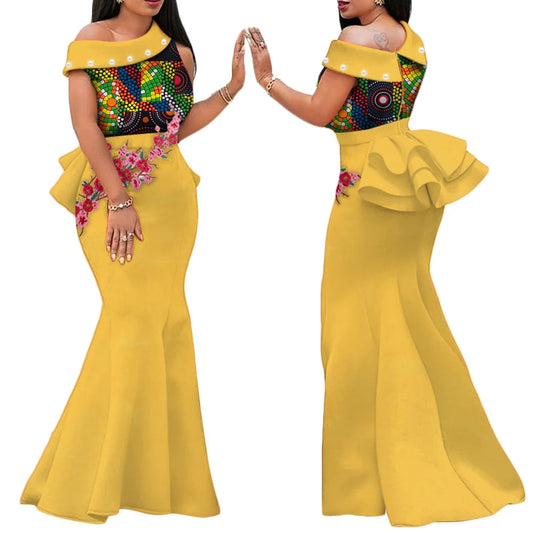 Robe Africaine Femme – Longue Robe Wax Élégante avec Perles FelizShop
