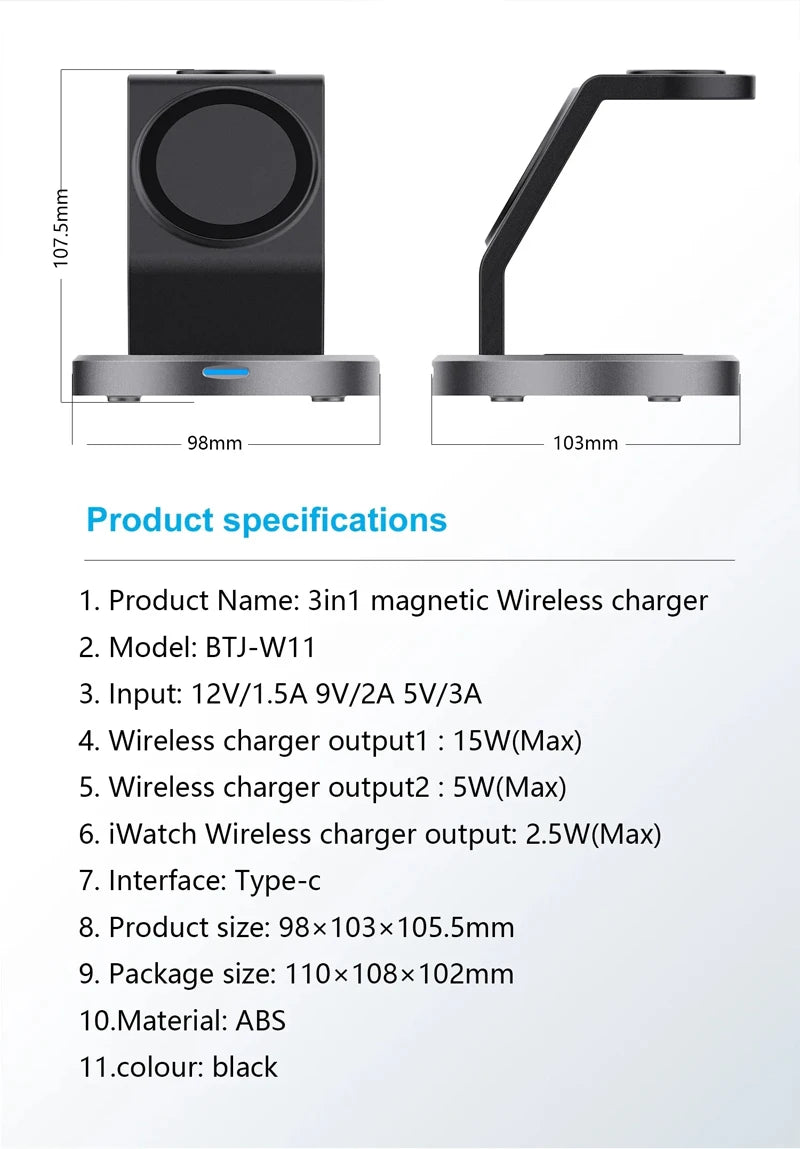 Support de charge magnétique sans fil 3-en-1 — Compatible iPhone 12, 13, 14, 15 Pro Max, Apple Watch et AirPods — Station d’accueil MagSafe à charge rapide
🚚 Livraison rapide en 8 à 12 jours ouvrés depuis la Fran FelizShop