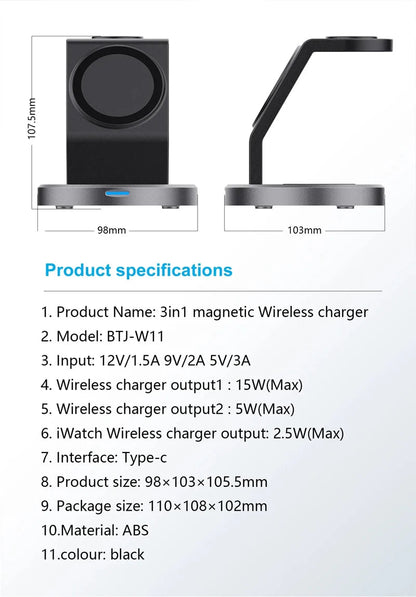 Support de charge magnétique sans fil 3-en-1 — Compatible iPhone 12, 13, 14, 15 Pro Max, Apple Watch et AirPods — Station d’accueil MagSafe à charge rapide
🚚 Livraison rapide en 8 à 12 jours ouvrés depuis la Fran FelizShop
