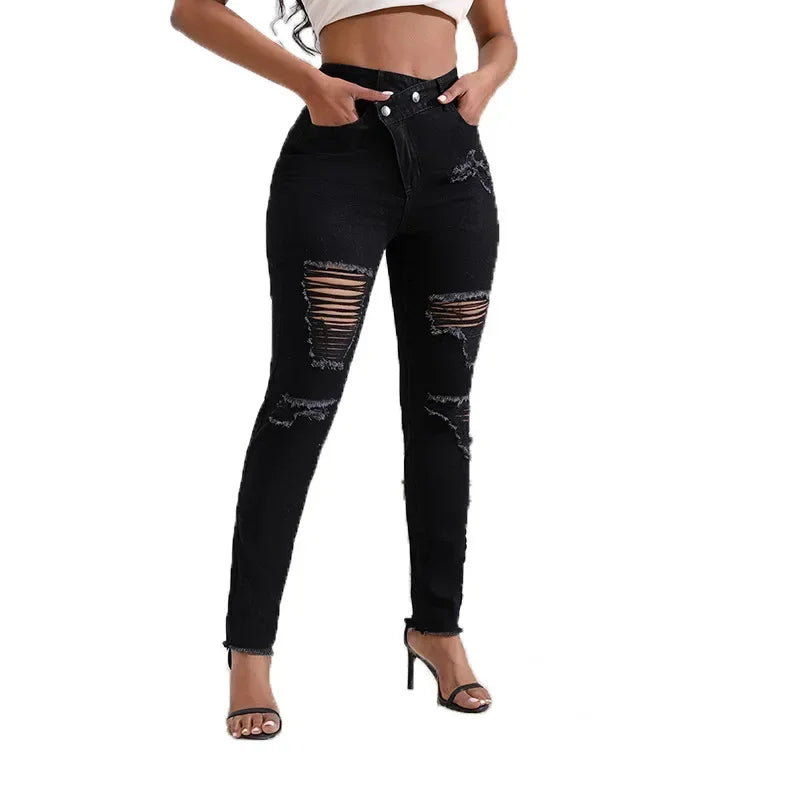 Women Jeans Denim pant High Waist Pencil Pants Holes Slim Fit Pockets Sexy Streetwear Solid Sheath Distressed Ankle Length 2025 FelizShop