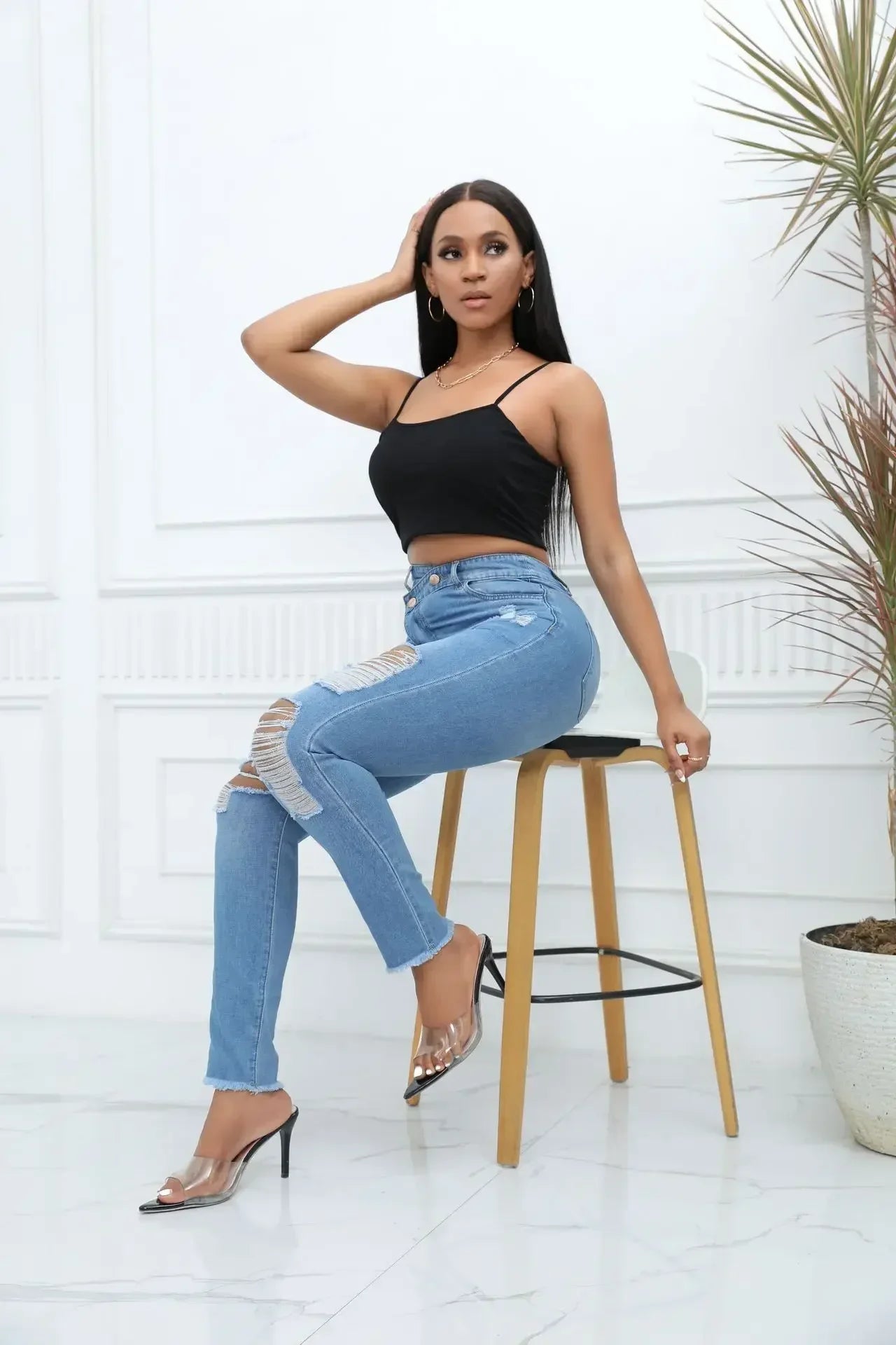 Women Jeans Denim pant High Waist Pencil Pants Holes Slim Fit Pockets Sexy Streetwear Solid Sheath Distressed Ankle Length 2025 FelizShop