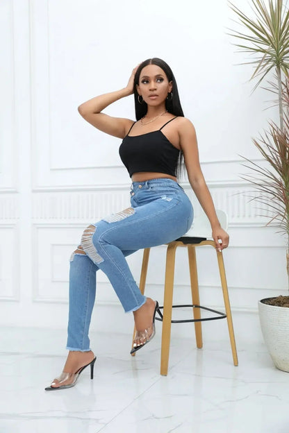 Women Jeans Denim pant High Waist Pencil Pants Holes Slim Fit Pockets Sexy Streetwear Solid Sheath Distressed Ankle Length 2025 FelizShop