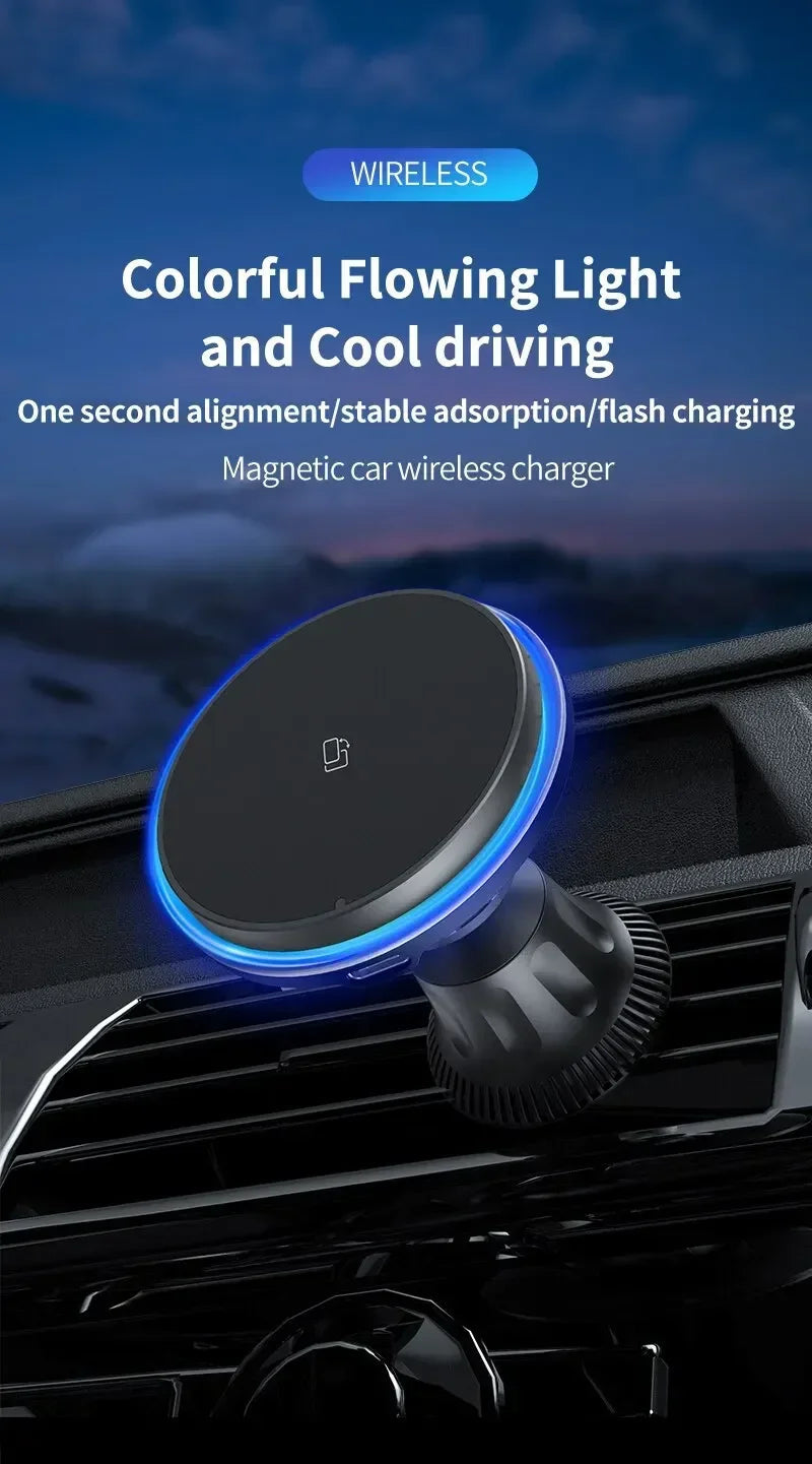 Chargeur sans fil magnétique pour voiture 30W RGB — Compatible iPhone 12, 13, 14, 15 Pro Max (MagSafe), support de téléphone voiture avec fixation, station de charge rapide 🚚 Livraison rapide en 8 à 12 jours ouvrés FelizShop
