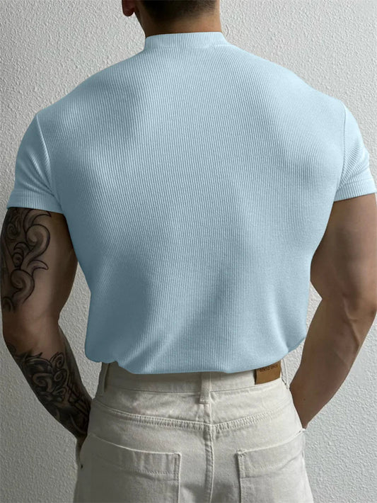 T-shirt homme printemps-été — Petit col montant, rayé — Manches courtes — Haut fitness décontracté — T-shirt sport pour homme — Sportswear🚚 Livraison rapide en 8 à 12 jours ouvrés depuis la France FelizShop