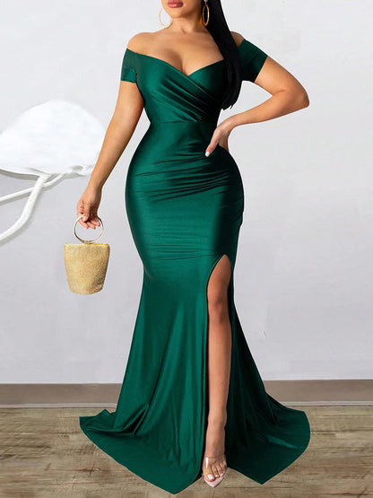 Robe de soirée fendue classique pour femme – Robe longue unie avec manches, élégante pour mariage, demoiselle d'honneur ou soirée. Collection 2025.🚚Livraison gratuite rapide et sécurisé FR FelizShop