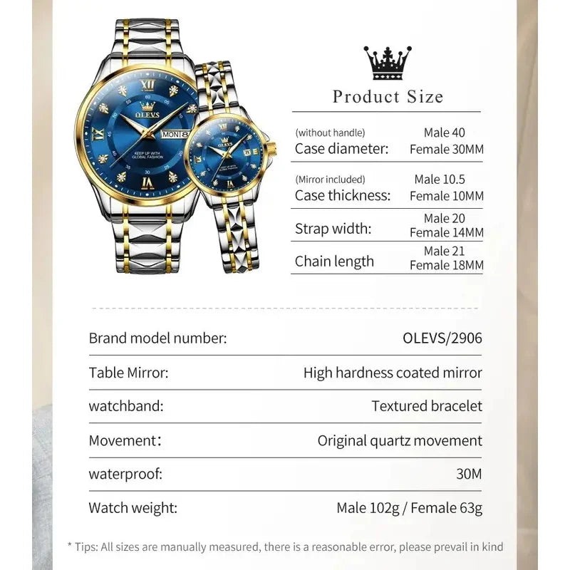 Montres Couple OLEVS 2906 – Montre Homme & Femme Quartz Luxe Étanche Acier FelizShop
