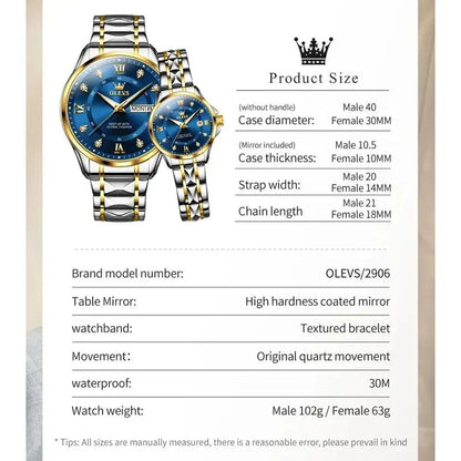Montres Couple OLEVS 2906 – Montre Homme & Femme Quartz Luxe Étanche Acier FelizShop