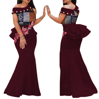 Robe Africaine Femme – Longue Robe Wax Élégante avec Perles FelizShop