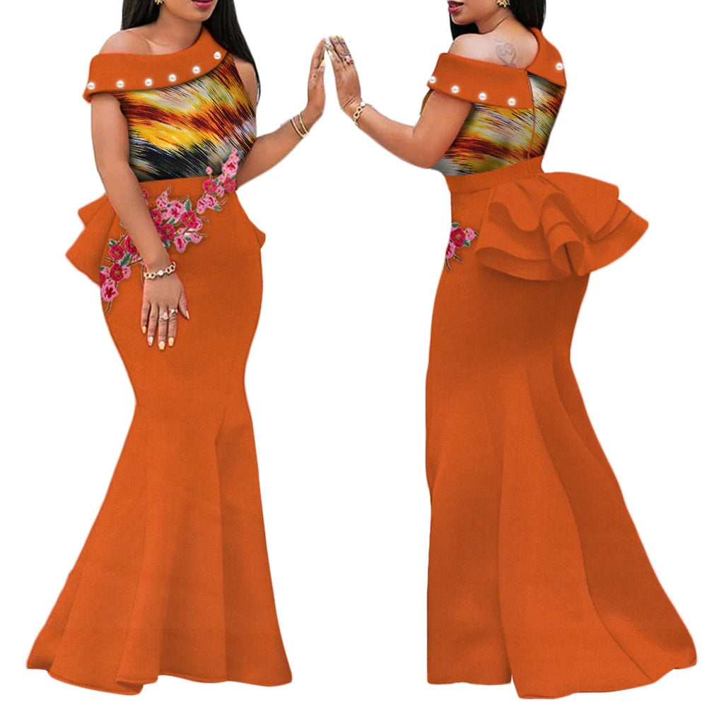 Robe Africaine Femme – Longue Robe Wax Élégante avec Perles FelizShop