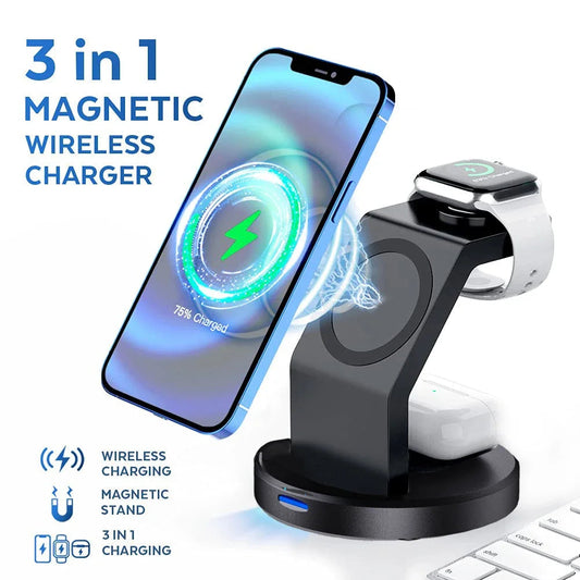 Support de charge magnétique sans fil 3-en-1 — Compatible iPhone 12, 13, 14, 15 Pro Max, Apple Watch et AirPods — Station d’accueil MagSafe à charge rapide
🚚 Livraison rapide en 8 à 12 jours ouvrés depuis la Fran FelizShop
