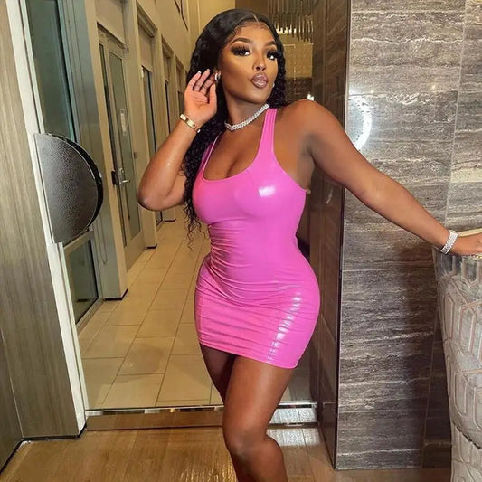 Pink Sleeveless Slim Dress Skinny Sexy Women Fashion Bodycon Leather Sundress Graduation Halloween Party Backless Corset Dress (🚚 Livraison rapide en 8 à 12 jours ouvrés depuis la France ) FelizShop